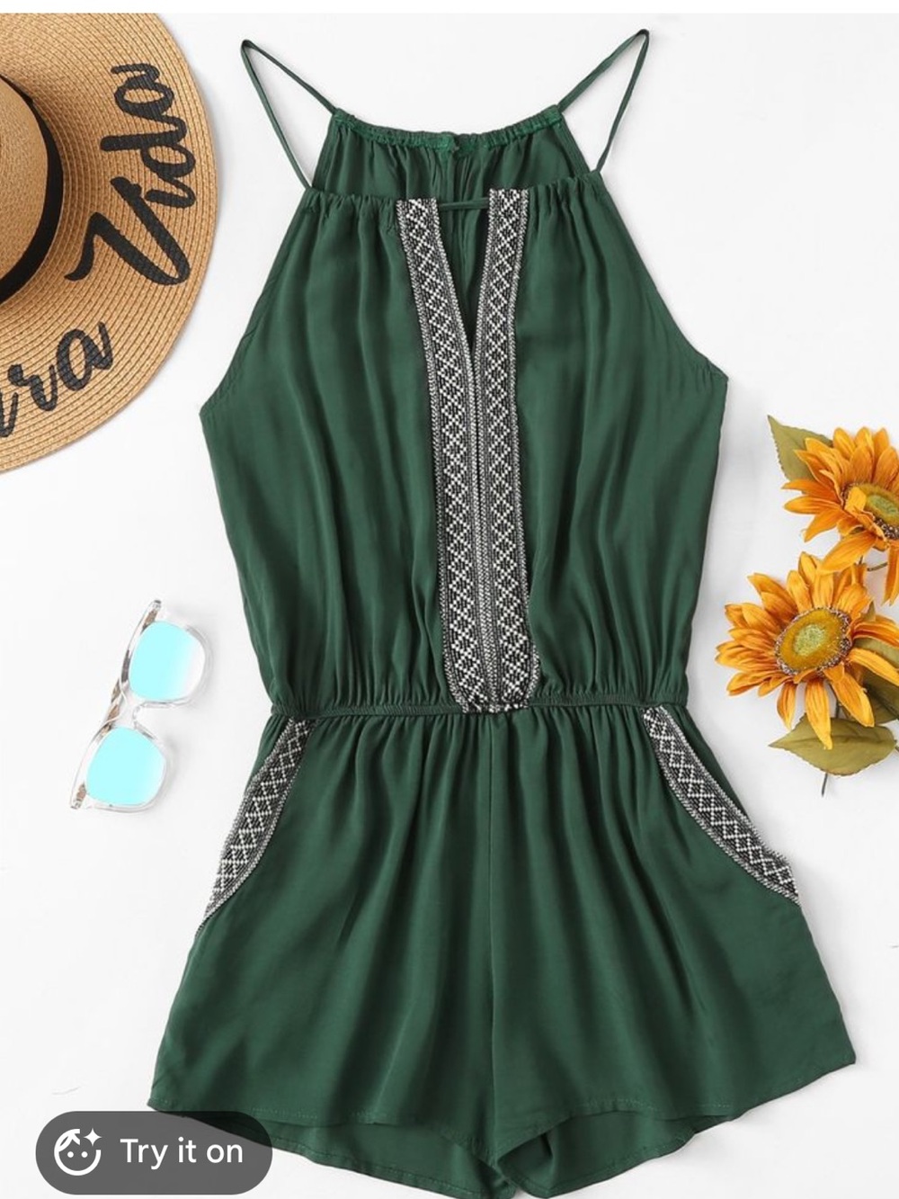 Green Embroidered Romper with pockets